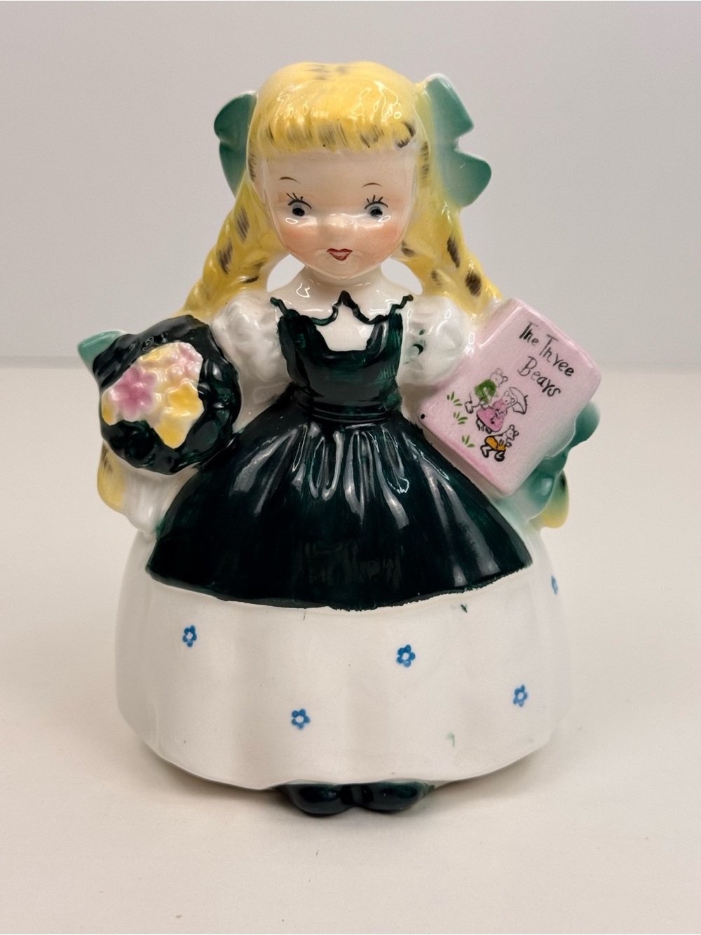 Vintage Ceramic Goldilocks Figurine / Planter Holding Three Bears Book & Basket